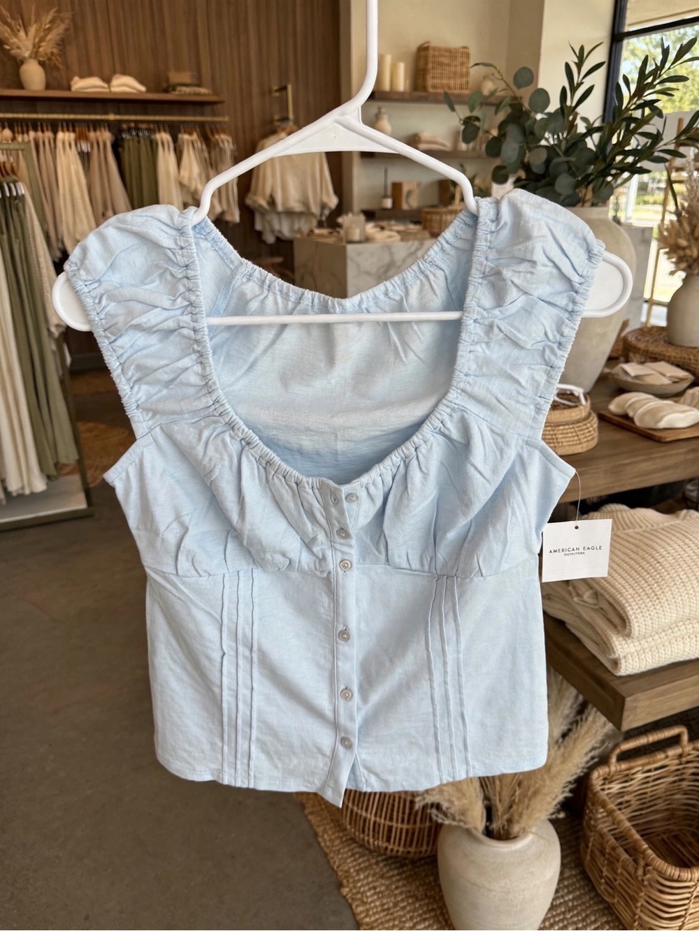 American Eagle Outfitters Light Blue Ruffle Button Tank